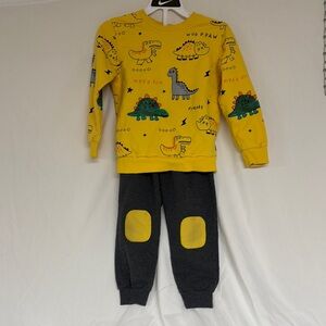 Yellow Dinosaur Print Sweatshirt and Gray Pants Set
